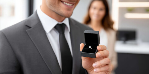 Romantic couple moment with smiling man showing engagement ring in gift box