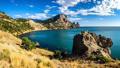 Scenic Coastal Landscape with Rugged Cliffs and Turquoise Sea Under a Blue Sky.