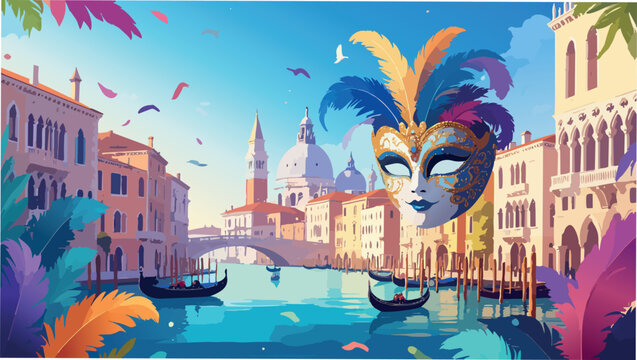 Venice carnival mask floating above grand canal