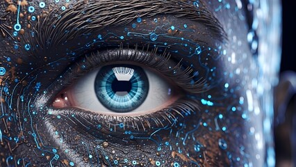 Close up of a human eye with blue iris and digital glitch effects