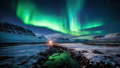 Spectacular Aurora Borealis Display Over Snowy Arctic Landscape.