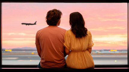 Romantic couple watching airplane from airport window enjoying beautiful sunset