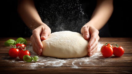 Careful hands kneading fresh dough with flour near couple of tomatoes on wood