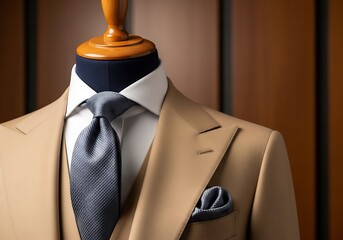 High-detail bespoke tan three-piece suit on tailor mannequin, luxury menswear fashion, perfect for upscale retail branding, corporate identity, and formal wear advertising