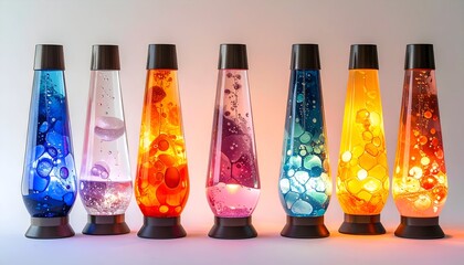 Colorful lava lamps displayed in a row creating dynamic visuals