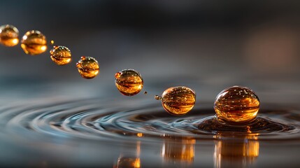 Golden liquid drops falling into water creating ripples and reflections with beautiful lighting effects