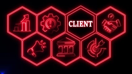 CLIENT business concept. A neon read Business CLIENT concept. Hi tech motion graphic background. Business, technology, marketing, internet and networking concept. 4k video motion graphic	
