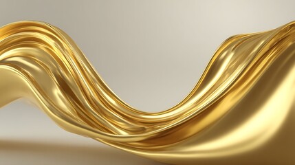 Elegant golden waves forming a smooth flowing abstract shape with shiny metallic texture on neutral background