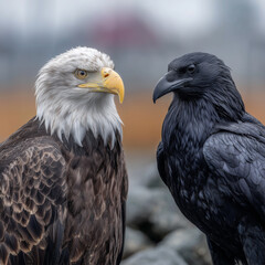 Bald Eagle and Raven Portrait Side by Side - Contrast Between Two Intelligent Birds