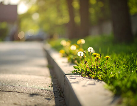 Dandelions and grass grow along concrete curb in natural sunlight