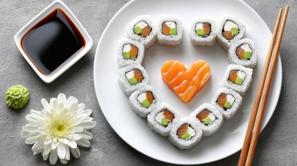Sushi Rolls Forming Heart Shape with Salmon on Plate, Japanese Cuisine Concept