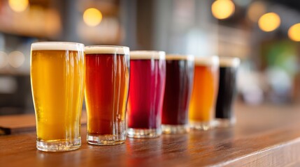 A row of tall glasses filled with craft beer of different colors stands on a wooden bar counter in a cozy pub with warm lighting