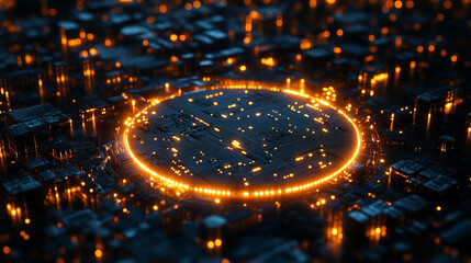 Close-up of a circular glowing modern circuit board, showcasing intricate electronic patterns, neon illumination, and futuristic technology design