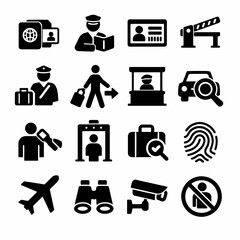 Travel security icons: passport, border control, surveillance, baggage screening, identification.