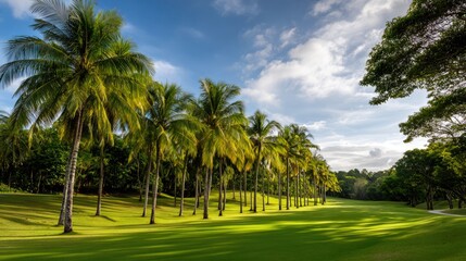 Scenic Palm Tree Avenue in Green Park Landscape on Sunny Day