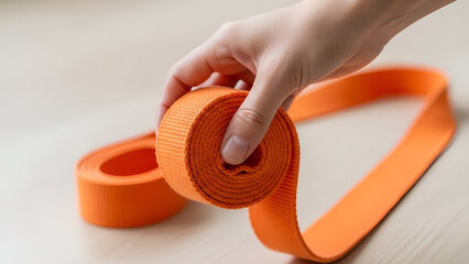 Mindful hand coiling vibrant orange yoga strap on blurred wooden floor. Ideal for wellness blogs, fitness apps, self-care campaigns, healthy lifestyle content, and studio promotions.