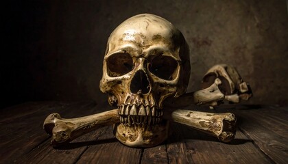 A realistic human skull with crossbones on a wooden surface, dark moody lighting.