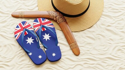 Australian flag flip-flops, boomerang, and straw hat arranged on a light sandy surface. Australia day flip flops for lifestyle marketing