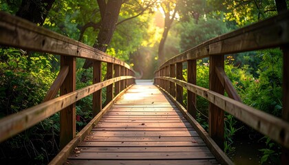 Wooden bridge through lush greenery, sunlight