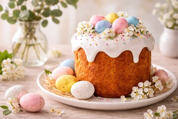 Traditional Easter Cake with White Glaze and Colorful Painted Eggs