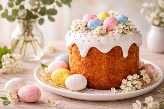 Traditional Easter Cake with White Glaze and Colorful Painted Eggs - Powered by Adobe
