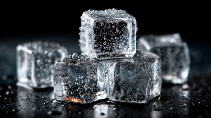 Frozen cubes rest on a glossy black surface, showcasing tiny bubbles in cool studio light with sharp reflections