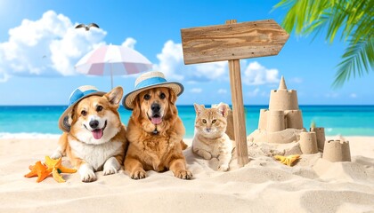 Adorable Corgi and Golden Retriever Dogs with Kitten on Sandy Beach with Sandcastle and Palm Tree.