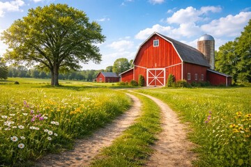 Obraz premium Red Wooden Barn and Country Road in Green Summer Meadow