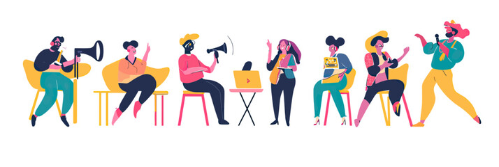 Diverse group of people engaging in podcast recording and live streaming with microphones headphones laptop and smartphone in colorful flat vector illustration