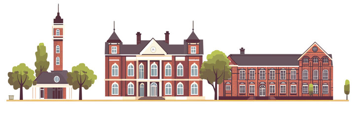 Flat vector illustration of classic school buildings with clock tower, red brick facade, arched windows, and surrounding trees in minimalist style for education architecture design