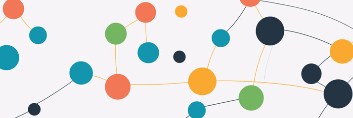 Colorful abstract social network connection dots and lines banner with circles linked by thin lines in minimalist flat vector style for technology and communication concept background