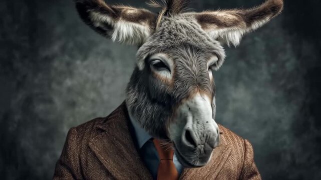 donkey in work suit posing, A donkey in a stylish work suit poses, offering a whimsical take on professionalism and charm