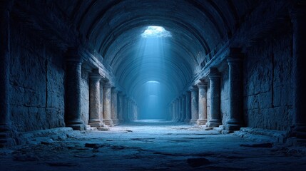 Ancient Underground Stone Hallway with Arches and Blue Light
