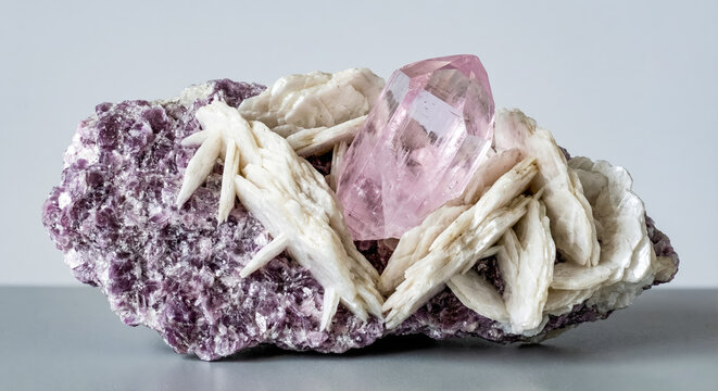 Pink spodumene kunzite crystal and bladed white cleavelandite on a sparkling purple lepidolite mica mineral matrix specimen.