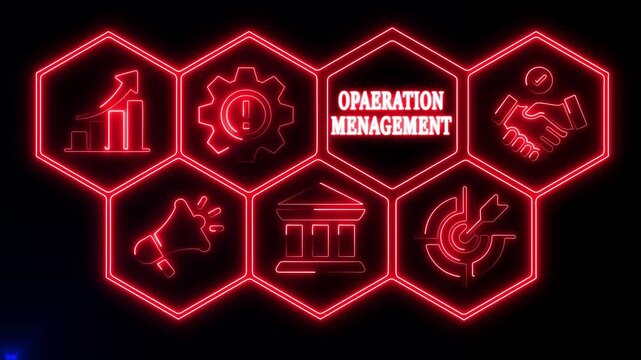 Operation Management business concept. A neon read Business Operation Management concept. Hi tech motion graphic background. Business, technology, marketing, internet and networking concept.