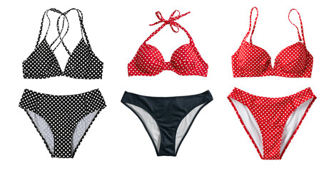 Beautiful two-piece swimsuit with polka dots isolated on a transparent background