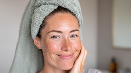 A woman in her 30s with glowing skin smiles while gently wiping her face with a soft towel in a bright bathroom filled with morning light