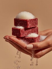 Torre de jabones artesanales rojos con espuma en manos femeninas, Mockup para marca de jabones artesanales de lujo, Anuncio minimalista de jabones naturales y veganos