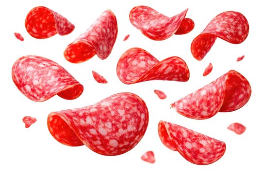 Dynamic flying salami slices isolated on white background with motion effect