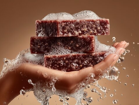 Pastillas de jab&oacute;n artesanal en la mano con espuma, Mockup para marca de jabones org&aacute;nicos, Bodeg&oacute;n aesthetic de jabones artesanales