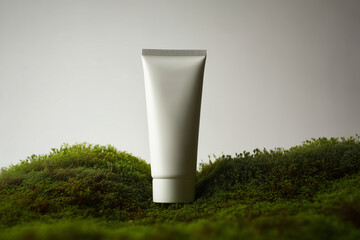 Tubo de crema cosm&eacute;tica sobre musgo, Crema hidratante en envase blanco sobre fondo natural, Mockup de packaging para marca de cosm&eacute;tica org&aacute;nica