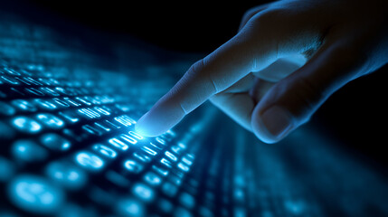 Human finger interacting with a glowing digital interface representing data and technology.
