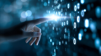 Human finger interacting with a glowing digital interface representing data and technology.
