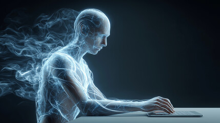 Futuristic transparent human figure working on a laptop with visible neural and data connections.

