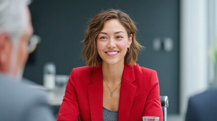 A young woman in a red blazer sits at a table with interviewers in a modern meeting room filled with soft daylight