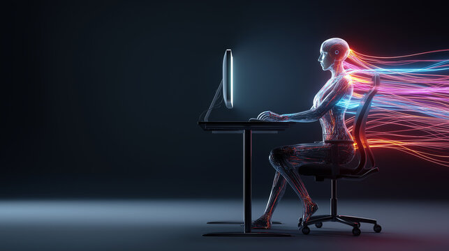 Futuristic person working at a computer with energy trails, symbolizing speed, productivity, and digital performance.
