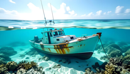 Sunken Fishing Boat on Tropical Seabed with Rust Hull - Split-Level Over-Under Underwater Scene