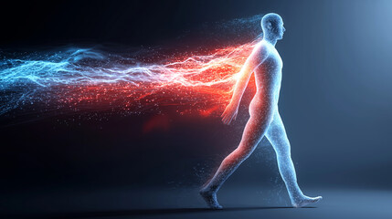 Abstract human figure walking with flowing energy waves representing vitality and movement.
