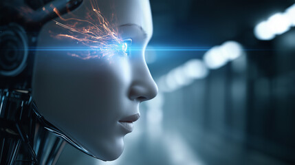 Futuristic humanoid robot projecting a laser beam from its eye in a high-tech environment.
