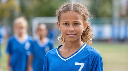 Young Black girl stands confidently in blue soccer uniform on a sports field while teammates prepare for practice in the background